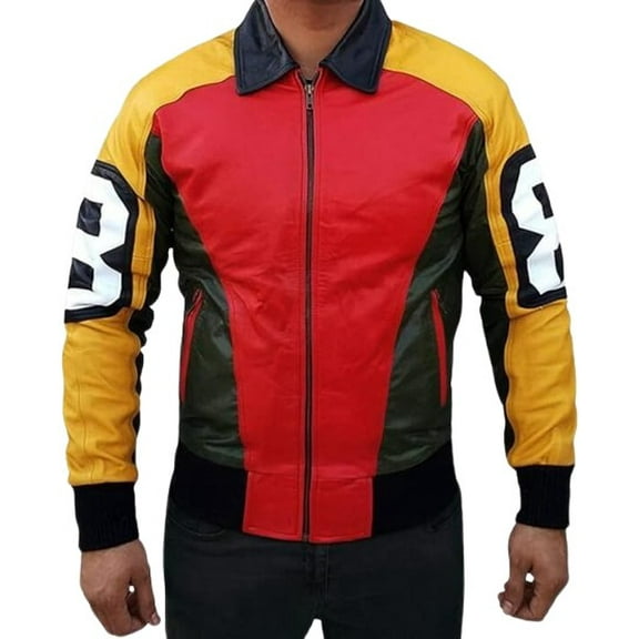 HIDE CRAFTS Men's Color Block Bomber Jacket, Red and Yellow with Navy Collar, Zip Front (US, Alpha, X-Large, Regular, Regular, Black and Red)