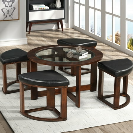 Solid Wood And Glass Coffee Table With 4 Stools Finish Living Room Style Top Round Decor Piece