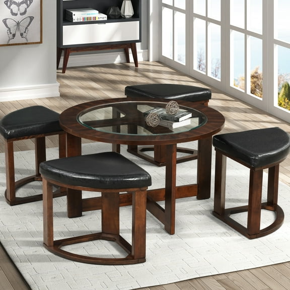 Solid Wood And Glass Coffee Table With 4 Stools, Finish, Living Room Style Top Round Decor Piece