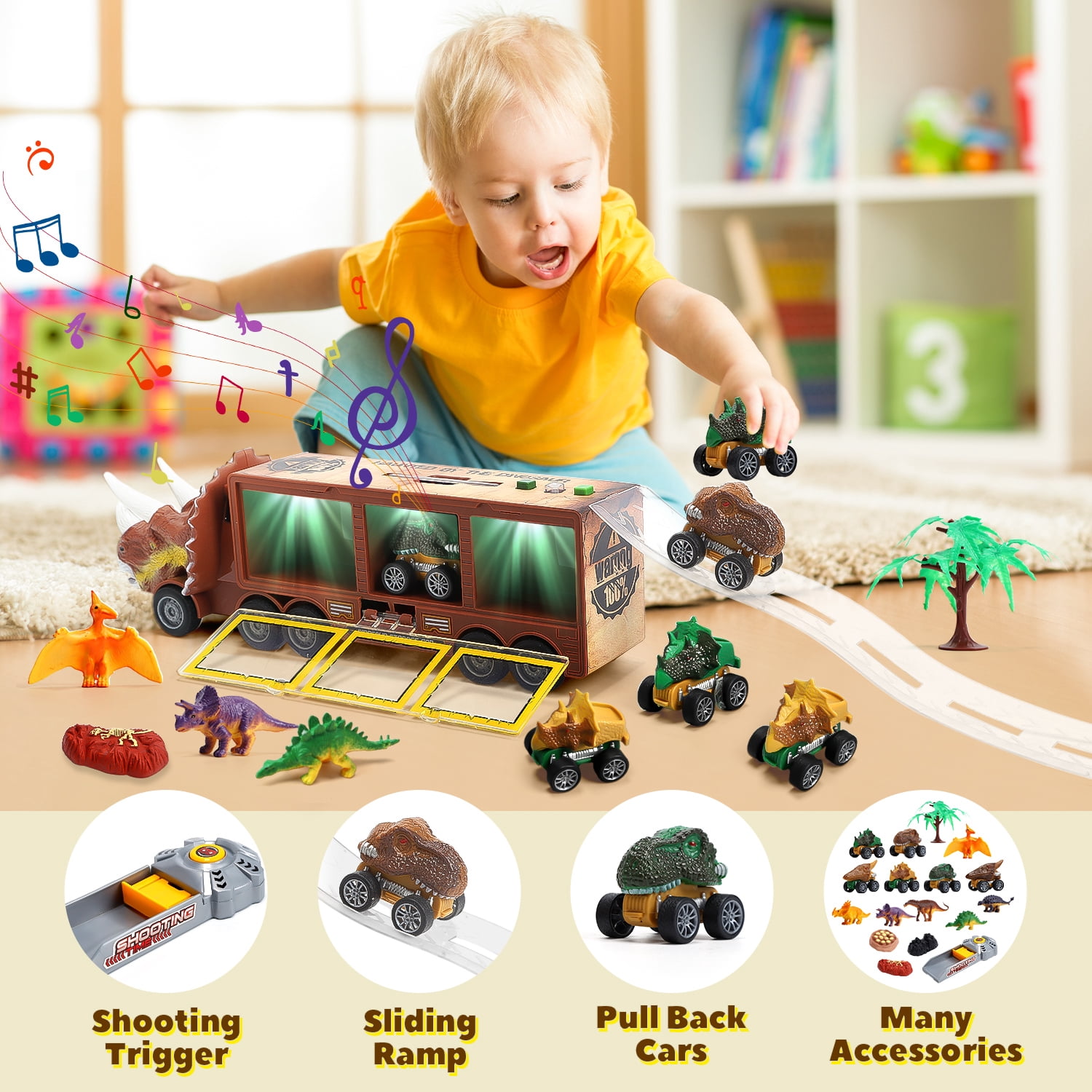 JoyStone 20 in 1 Dinosaur Truck Toys with Lights & Sounds,  Dinosaur Play Set for Kids 3-5 Years, Including 6 Pull Back Cars, 6 Dino Figures, Birthday Gift for Boys Girls, Brown
