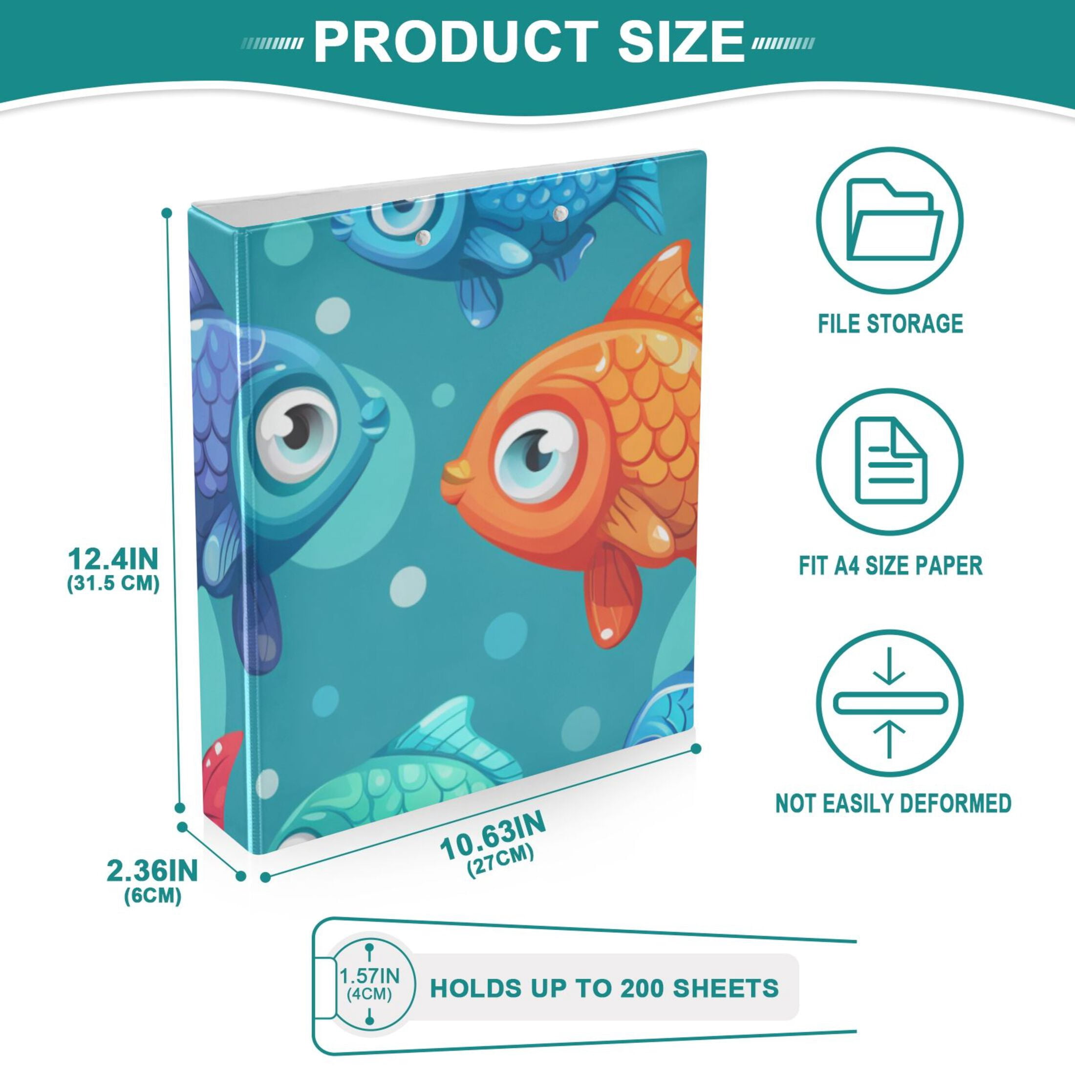 Cartoon Fish 3 Ring Binders 1.5 inch Hardcover File Folders with Interior Pockets A4 Size Organizer for School Office Hospital