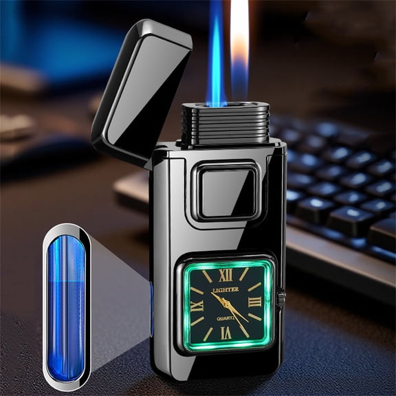 Multifunctional Torch Lighter Refillable Butane Gas • Intelligent Watch Style Windproof Jet Flame • Transparent Fuel Window, Alloy, Portable Outdoor Kitchen Use