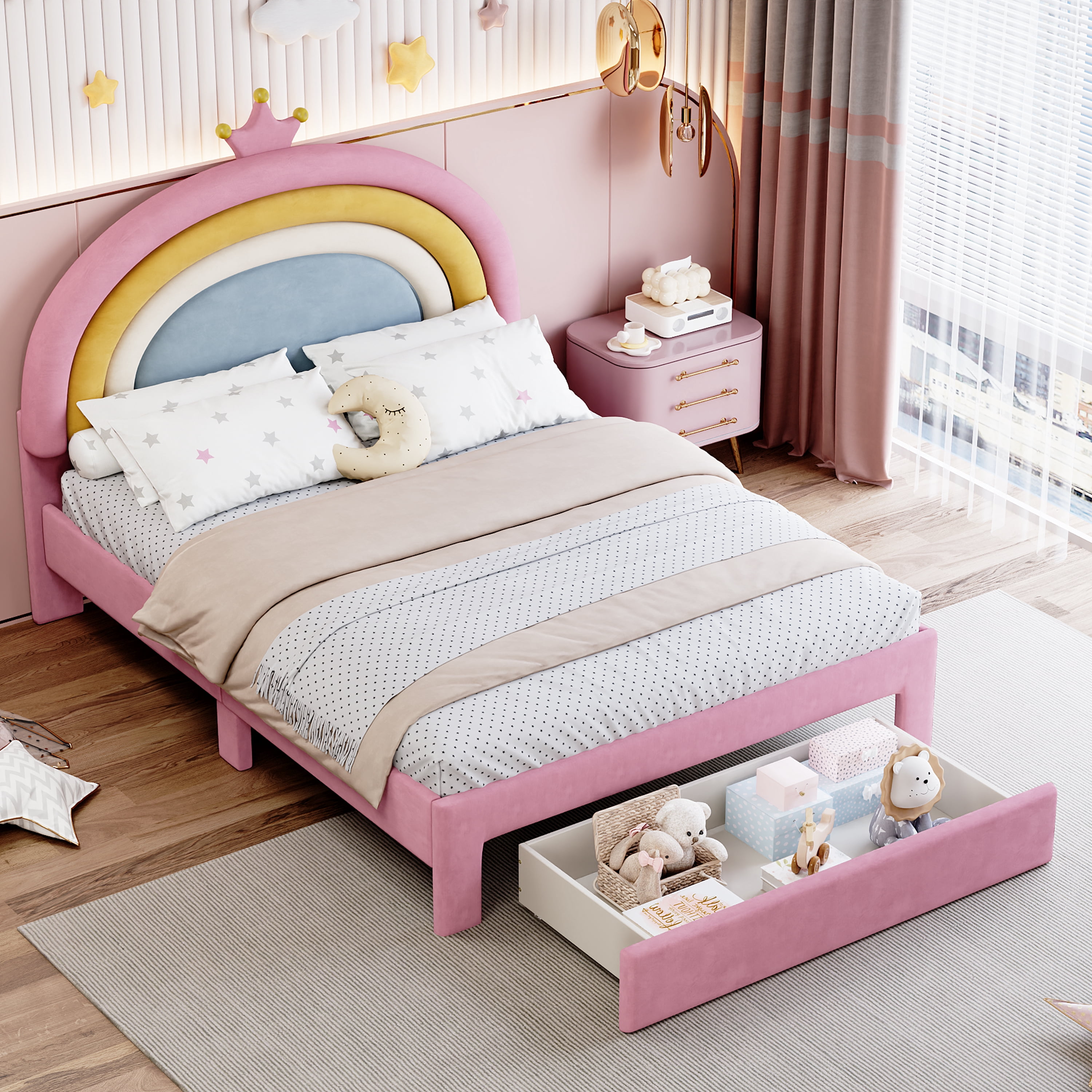 Euroco Upholstered Full Size Platform Bed with Drawer, PU Leather Princess Bed with Crown