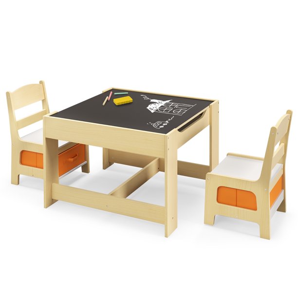 Gymax Children Kids Table Chairs Set With Storage Boxes Blackboard