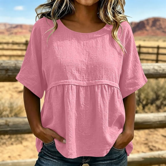 QUNYINEY Cotton Linen Casual T Shirts for Women Short Sleeve Summer Pink Tops Pleated Crew Neck Loose Fit Pullover Shirts