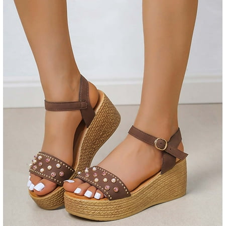 

Rewenti New Fish Mouth Retro Wedge Heel Platform Sandals Female foreign Trade Roman Sandals Summer Women Sandals Clearance Brown 6.5(38)