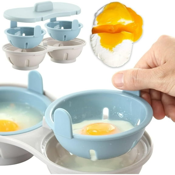 RUseeN Egg Poacher 2 Cavity Microwavable, Breakfast Double Row Egg Cooker, Egg Steam Egg Maker Poached Egg Steamer Kitchen Gadget
