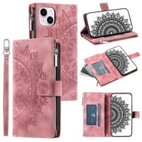 Dteck Zipper Wallet Case for iPhone 14,Magnetic Durable PU Leather Flower Embossed Case Zipper Card Holder Wallet Kickstand Cover with Detachable Shoulder Strap/Wrist Strap,Pink