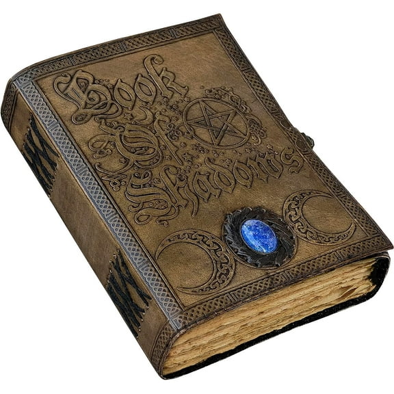 Book Of Shadows Leather Journal with Semi Precious Stone - Lock Closure, 200 pages Antique Deckle Edge Paper , Grimoire Journal, Triple Moon, Pentagram, Mother Of earth, Tree Of Life, Witch Journal