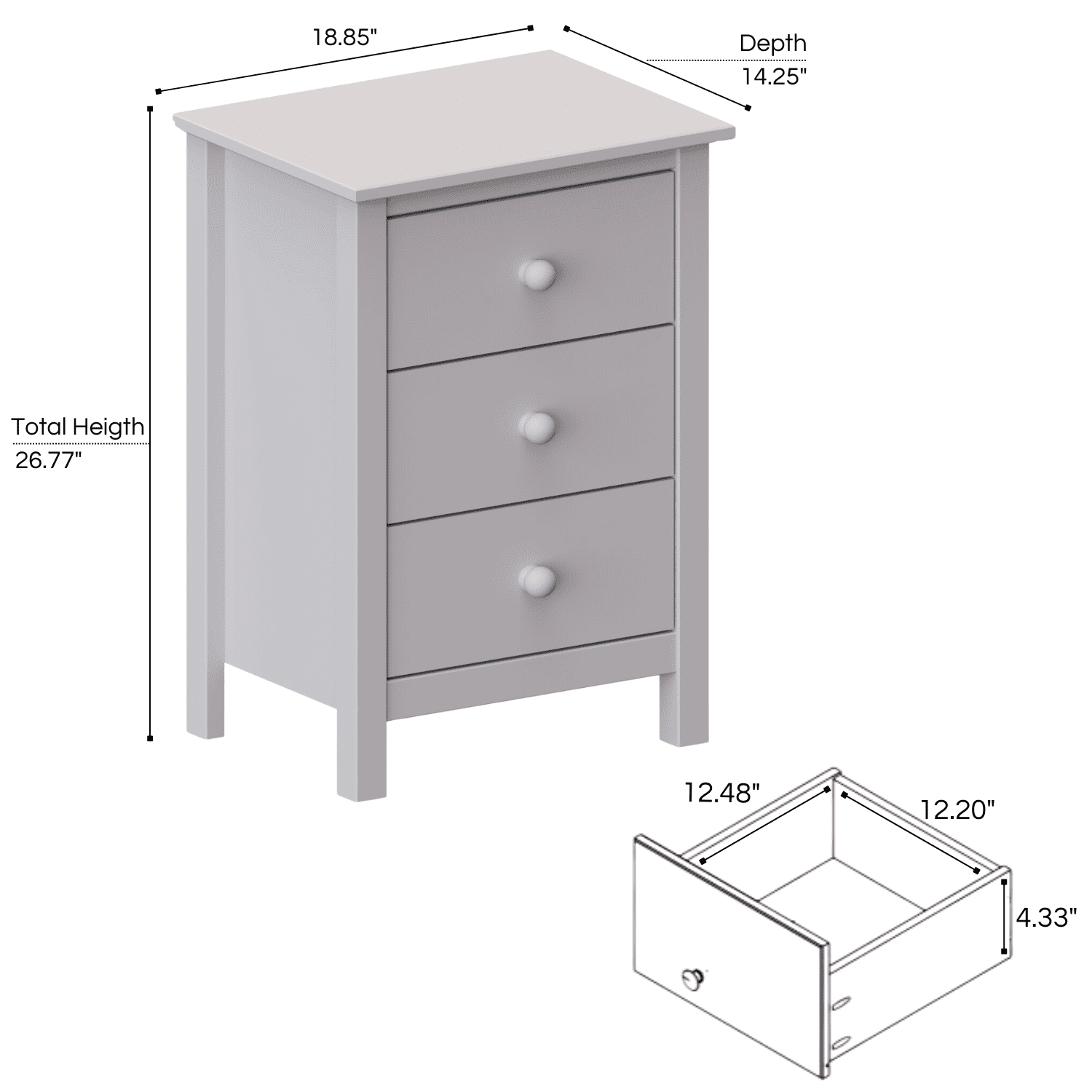 From the Tree Furniture Dorm Room Nightstand with Three Storage Drawers, Solid Pine Wood, Grey