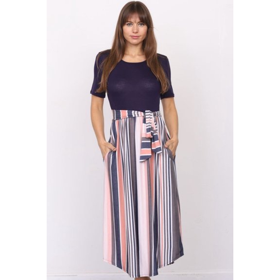 Navy Short Sleeve Pink Stripe Sash Midi Dress_Plus