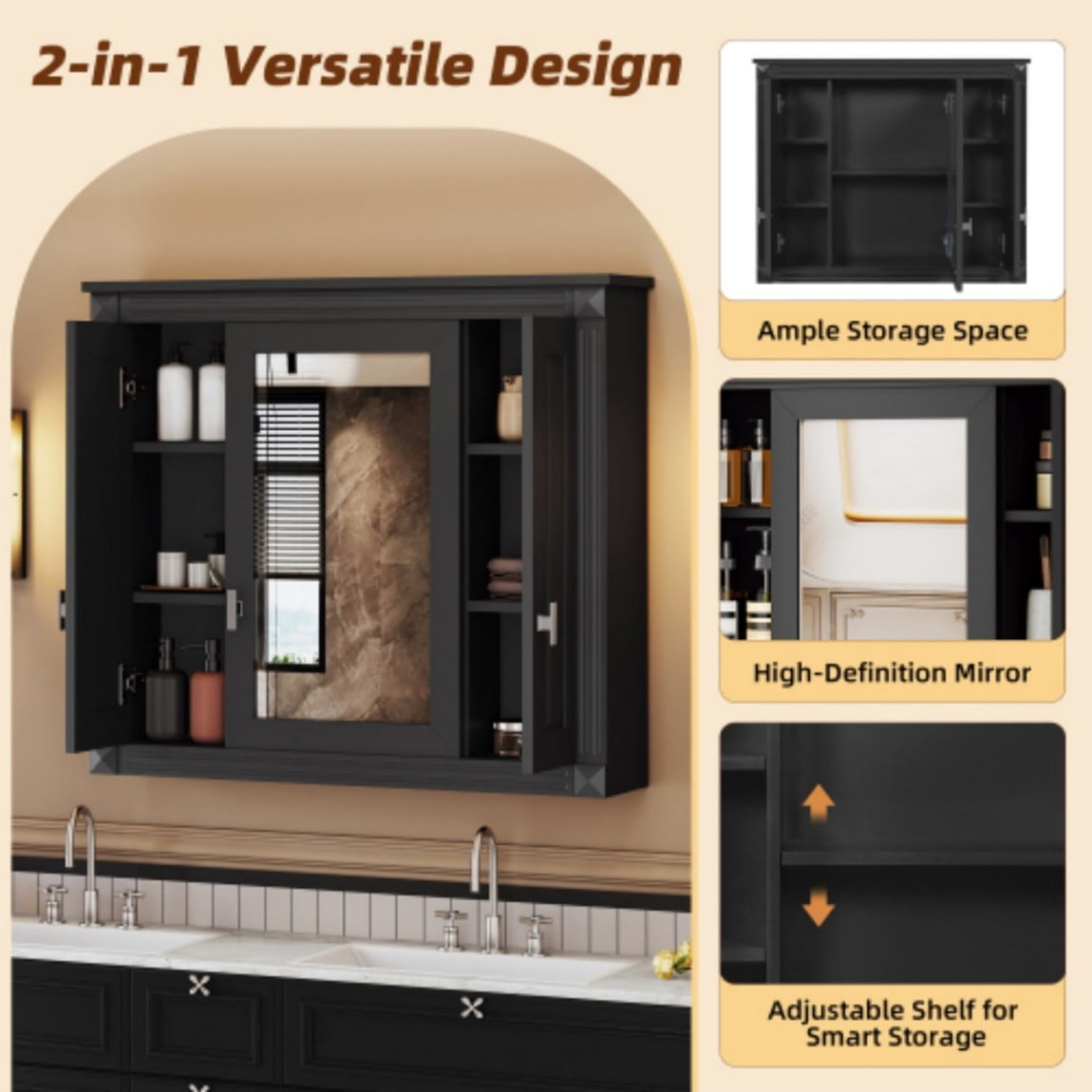 Bathroom Wall Cabinet with Mirror, Wall Mounted Medicine Cabinet with 5 Shelves, Over Toilet Storage Cabinet with Adjustable Shelves, Mirrored Door Bathroom Cabinet, Black
