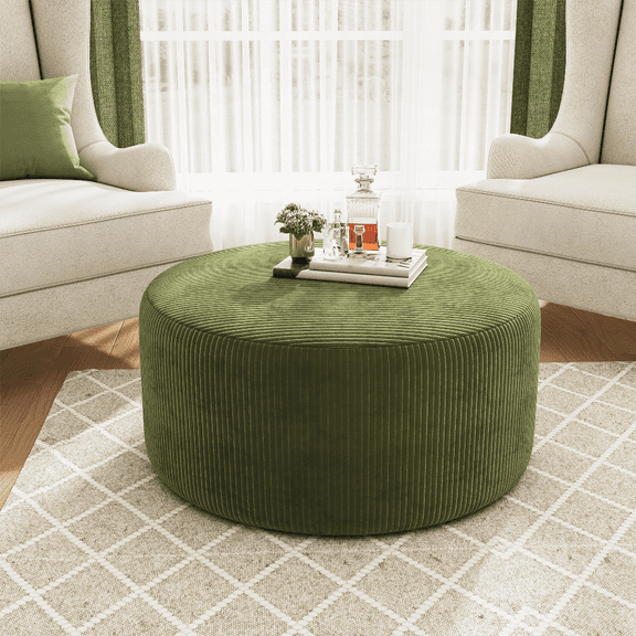 Upholstered Round Ottoman in Olive Green Corduroy | Multifunctional Furniture Piece