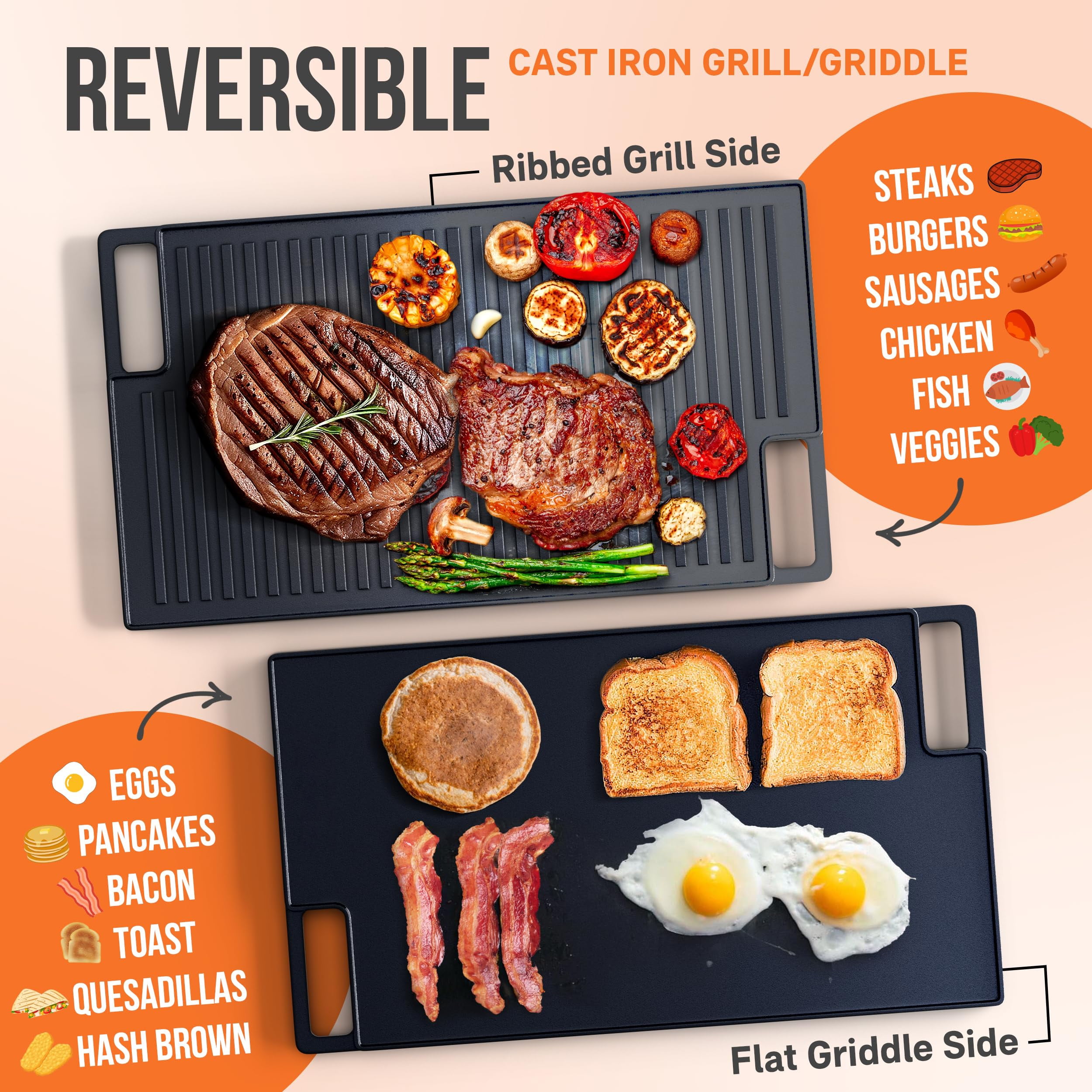 Mibote Reversible Cast Iron Grill and Griddle Plate Pan Set,Works on Stove,Grill,and Fire,Black10.1" x 17.9"