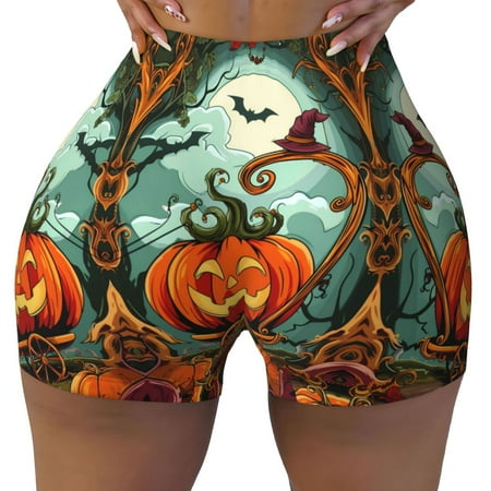 Workout Shorts Women  Halloween Pumpkin Cartoon Biker Shorts for Women Running Gym Spandex Shorts Tummy Control