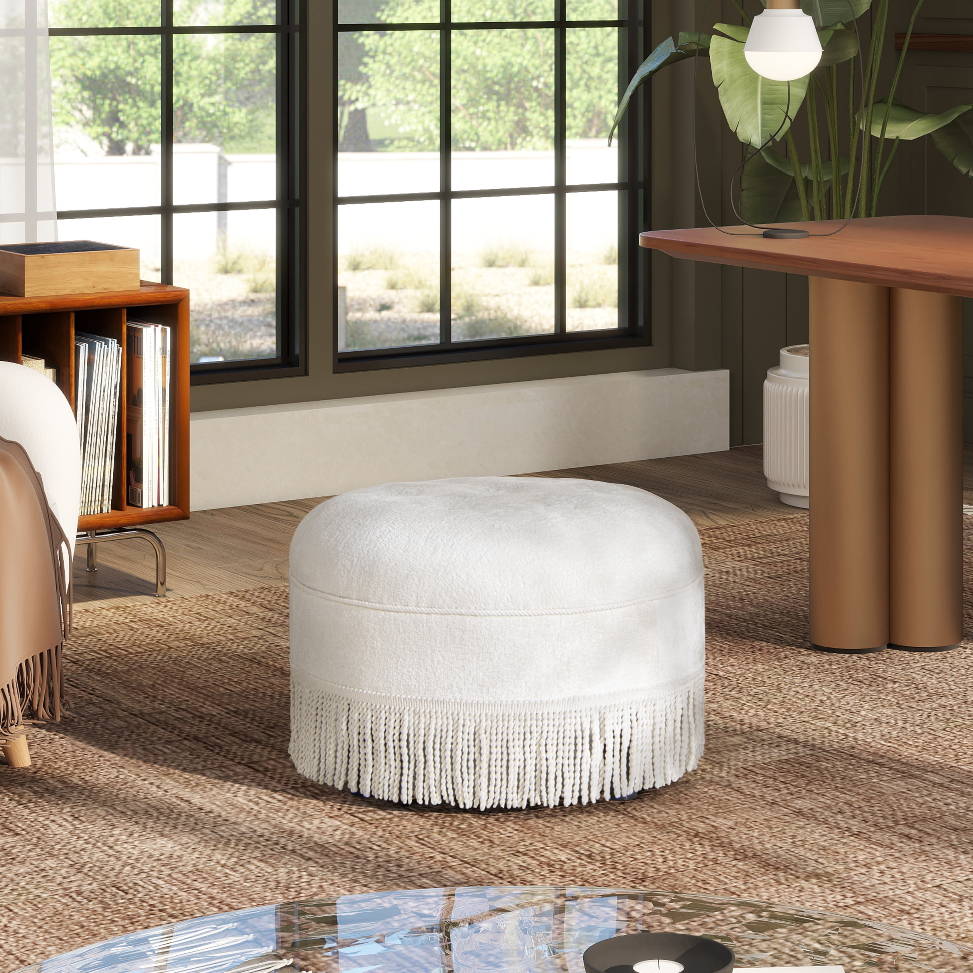 24" Round White Chenille Ottoman with Tassel Fringe, Upholstered Accent Stool for Living Room