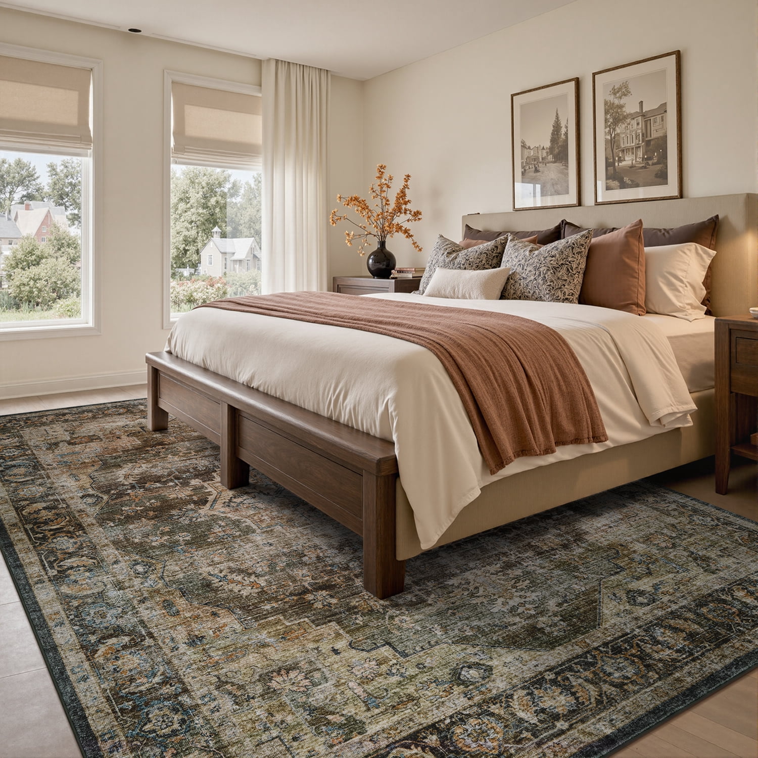 FEELHOME 9'x12' Area Rug Machine Washable Soft Vintage Distressed Non Slip Carpet for Living Room Bedroom Dining Room Brown
