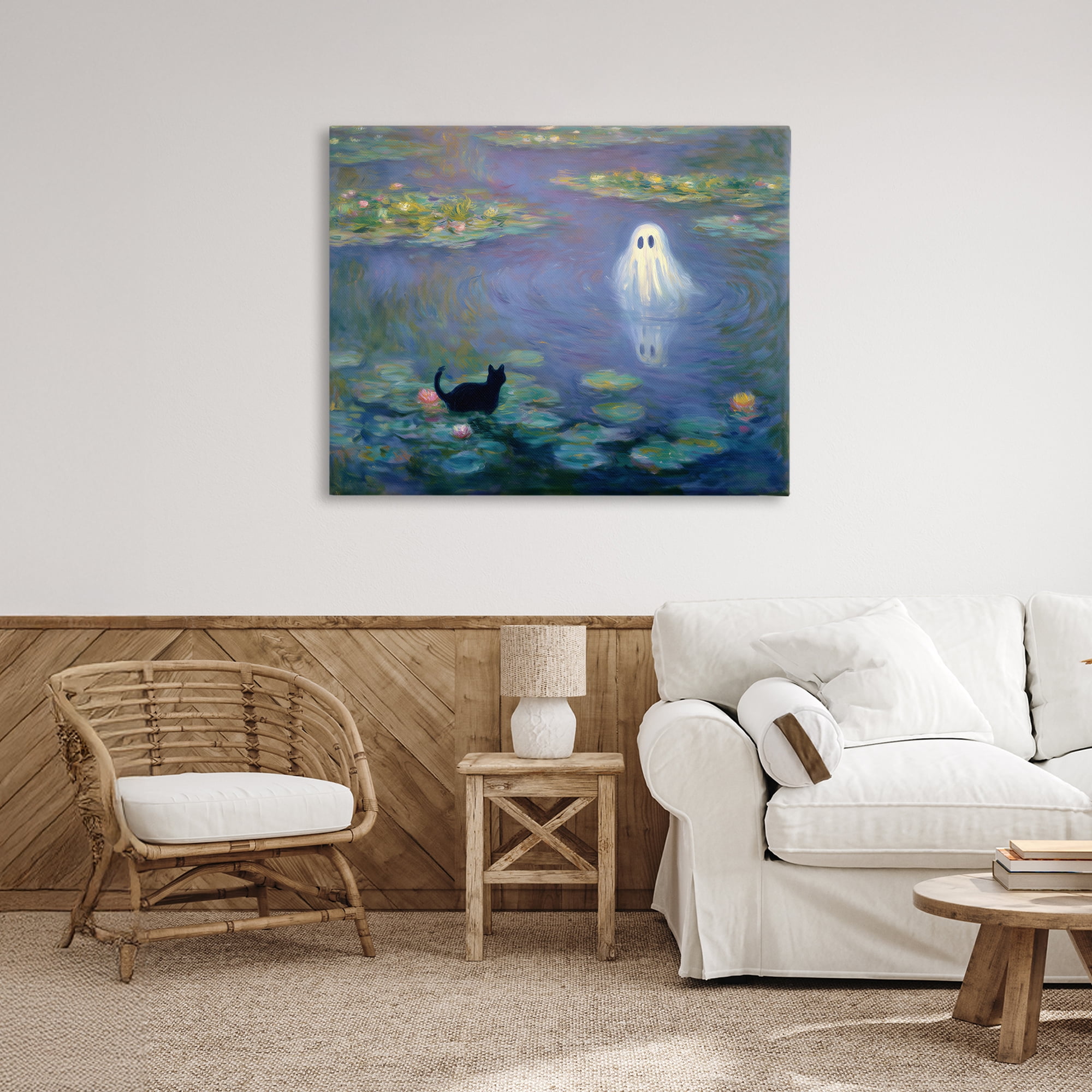 Water Lilies with Ghost & Kitty Canvas Wall Art, design by Arlington Prints