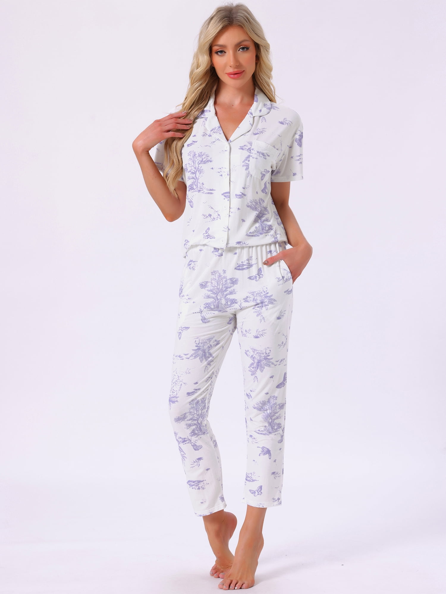 DARING DIVA Tencel Floral Short Sleeve Notched Collar Pants Set XS Purple