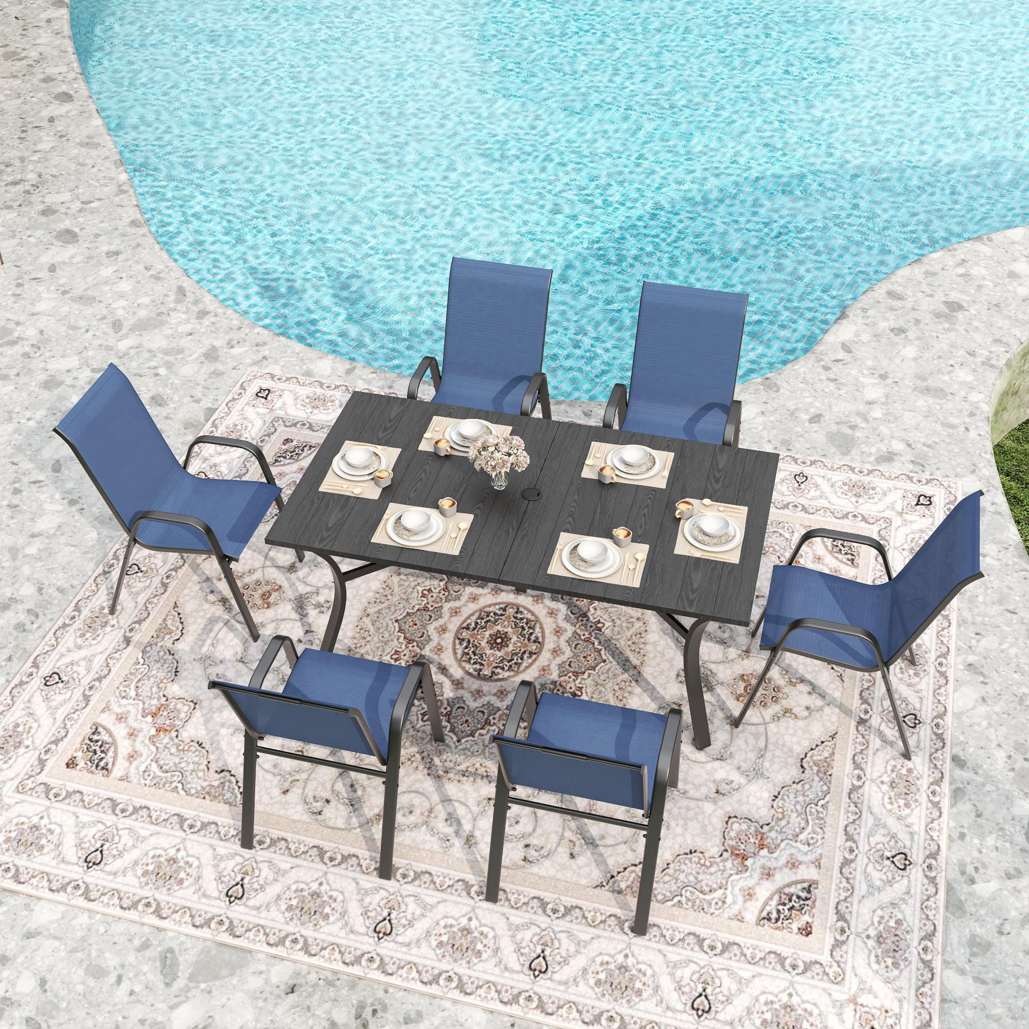 6-Piece Outdoor Dining Chair Set with Wide Ergonomic Seat, 350 lb Capacity per Chair Heavy Duty Metal Frame, Waterproof Teslin Fabric for Patio Garden Backyard, Black+Navy Blue