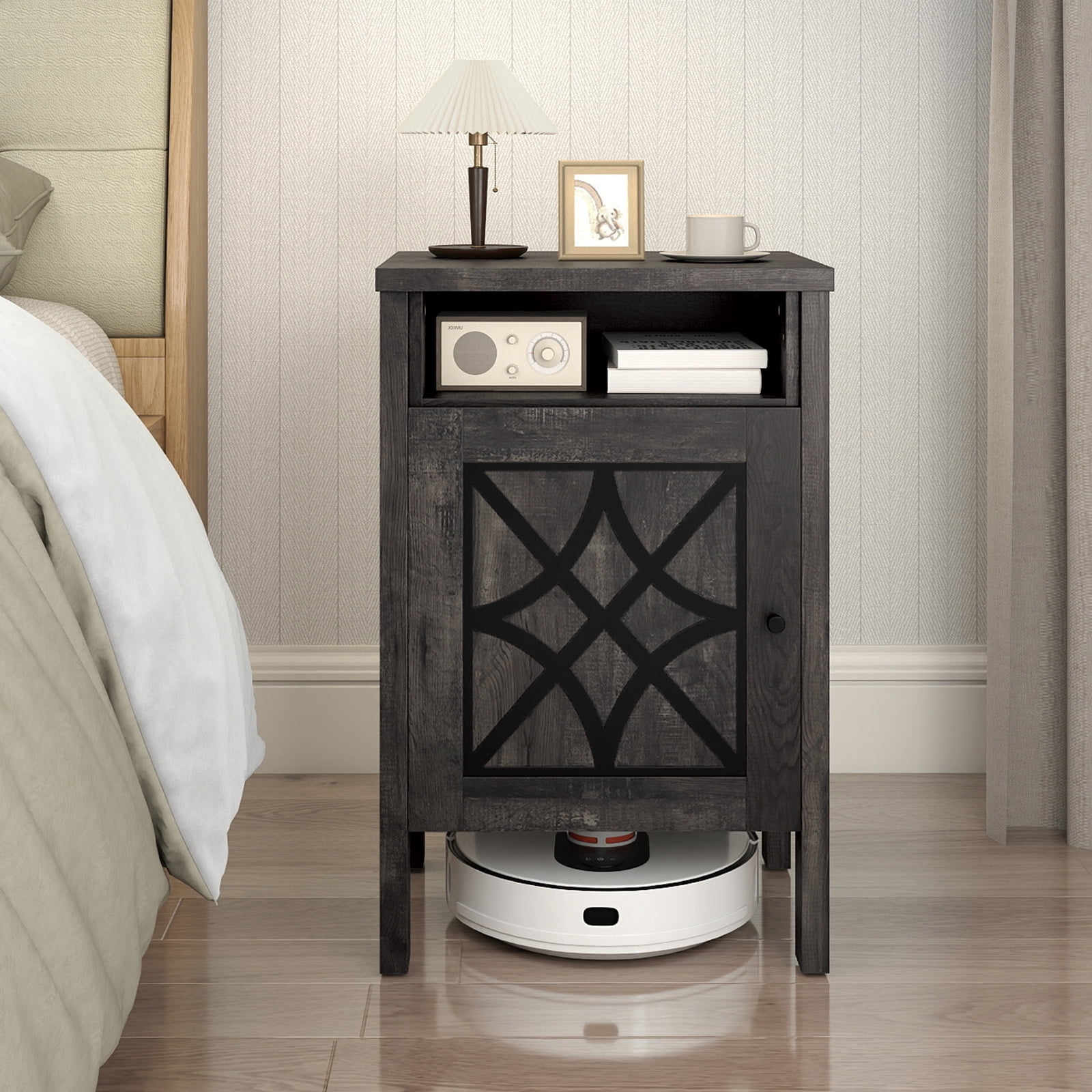 Gymax Robot Vacuum Stand Cabinet w/ Door & Open Shelf for Home Office Living Room Dark Grey