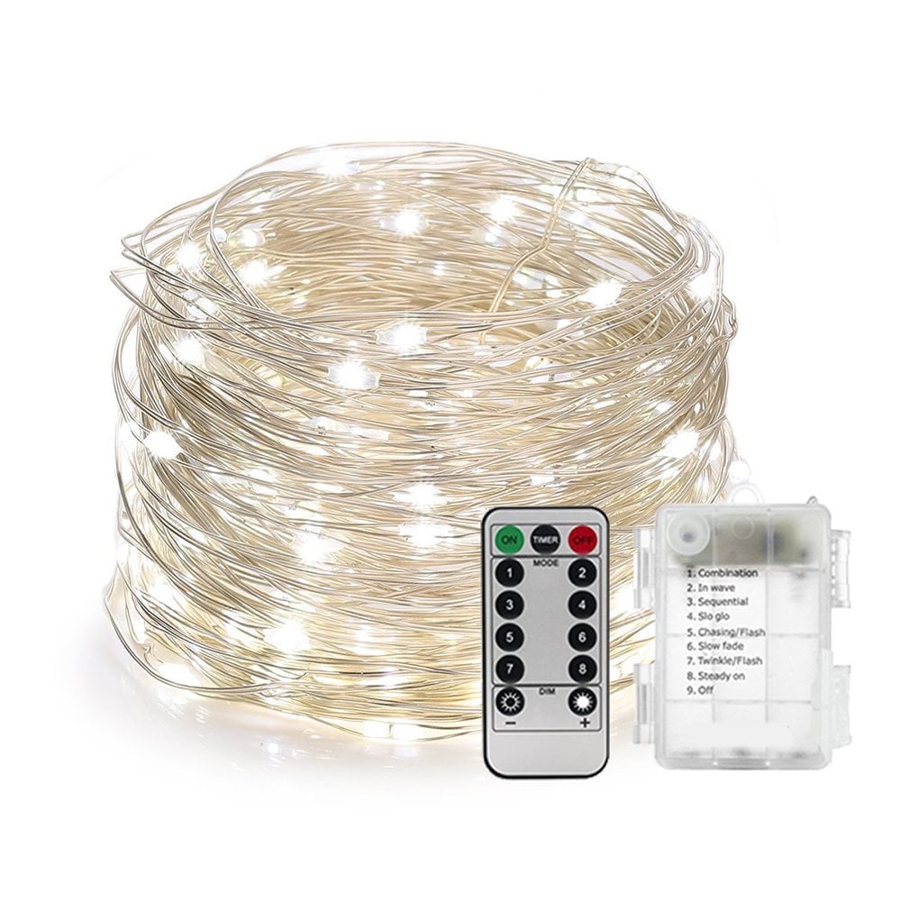 Rirool 33ft LED String Lights - 100 LED Waterproof Fairy Lights with Remote, 8 Modes, Battery Powered for Garden, Wedding, Patio (White)