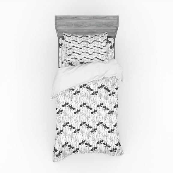 Flower Duvet Cover Set, Design Floral Pattern with Plantain Greyscale Print, Bedding Set with Shams and Fitted Sheet, 3 Sizes, by Ambesonne