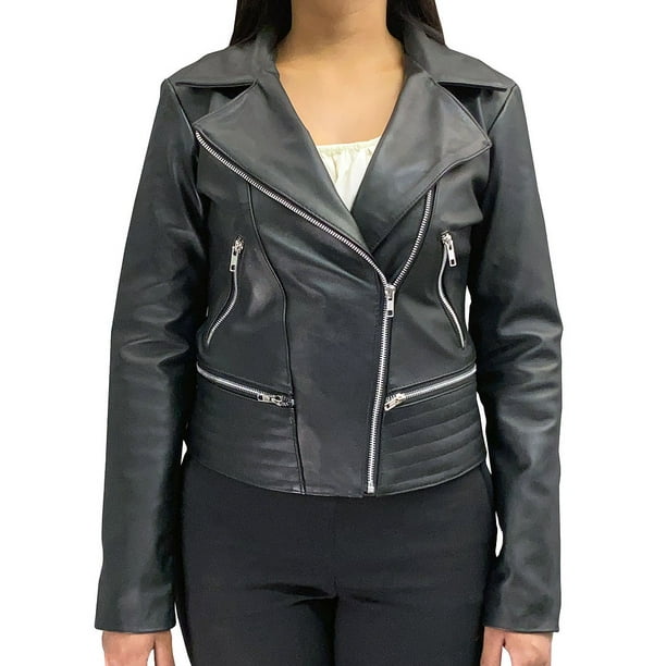 Chamarra de piel negra estilo cruzada para dama Castelli Leather Authentic Elizabeth Biker cruzado