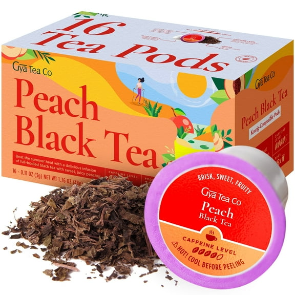 Gya Tea Co Peach Black Tea K-Cups (16ct) - High-Caffeine Pods, Compatible with Keurig 2.0