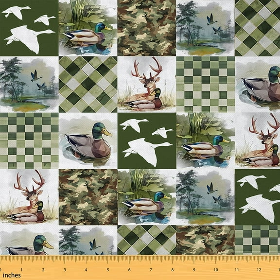 Castle Fairy Mallard Duck Deer Fabric by the Yard 1 Yard for Teens,Geometric Lattice Home Decor Fabric by the Yard,Green Camouflage Room Decor Fabric by the Yard,Lightweight Room Decor