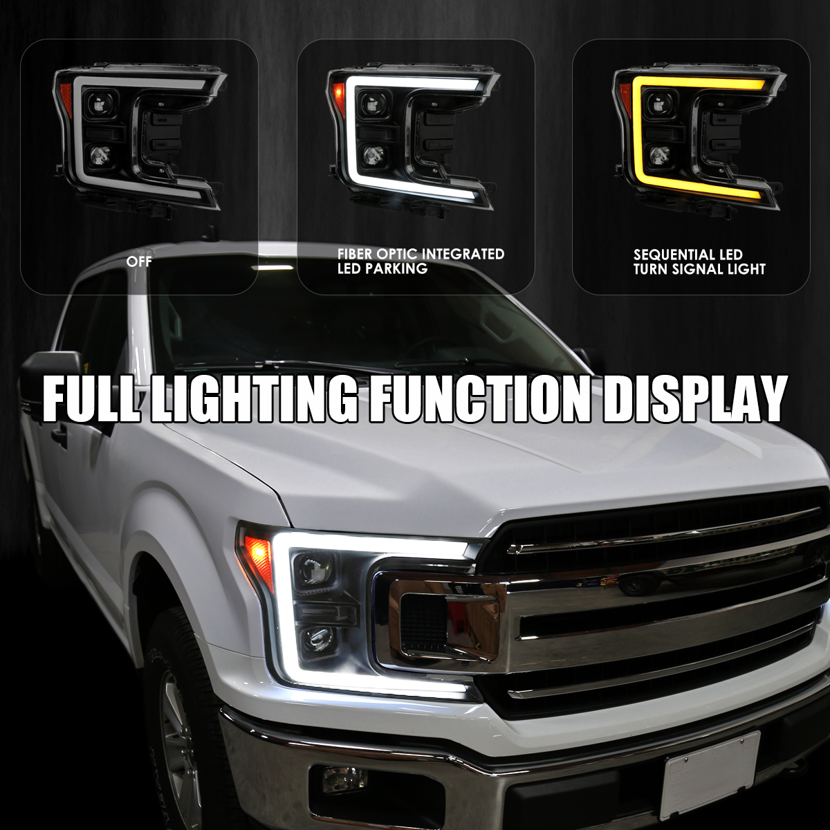 AUTOWIKI Chrome Projector Headlights For 2018-2020 Ford F-150 XL / XLT - Halo U-Bar Style With Amber Turn Signals - Pair