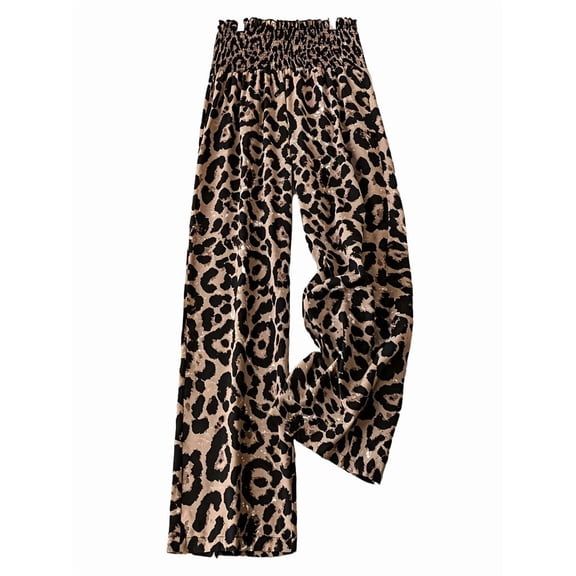 Women'S Leopard Print Wide Leg Pants Elastic Waist Casual Loose Fit Trousers Fashion Lounge S