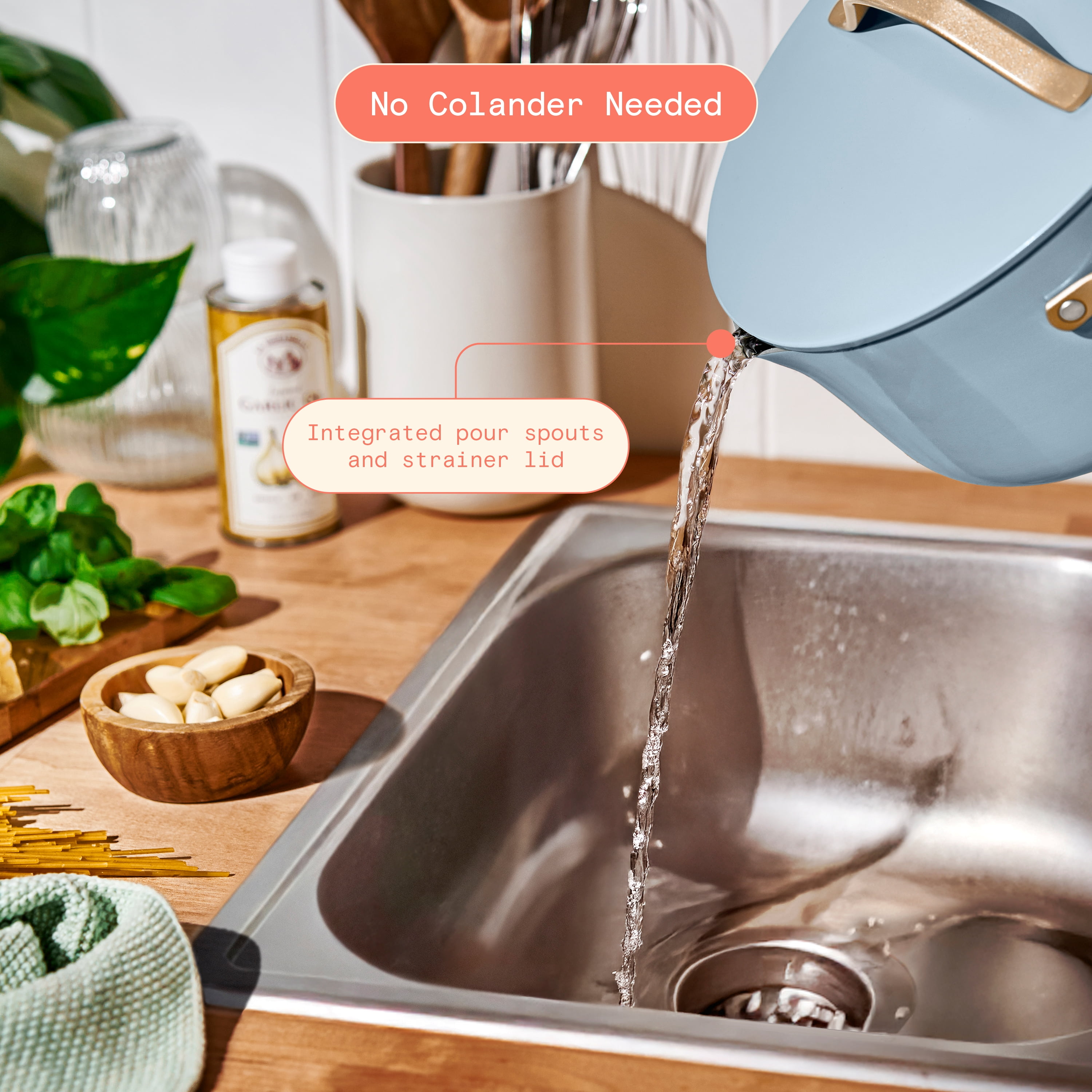Beautiful 5 Quart Ceramic Non-Stick Dutch Oven with Strainer Lid, Cornflower Blue by Drew Barrymore