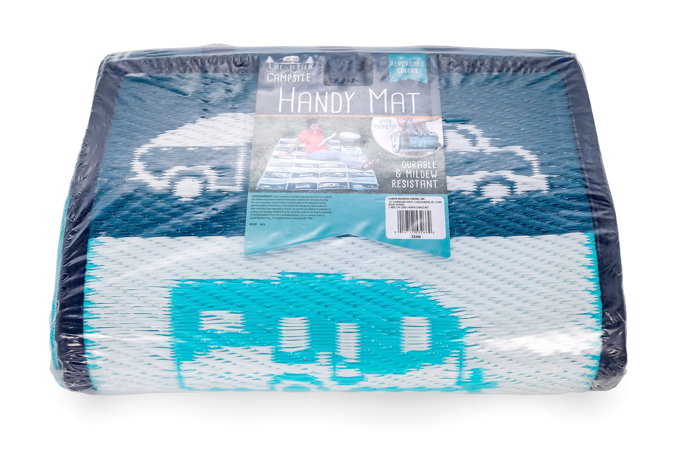 Camco Life is Better at The Campsite Handy Mat with Strap | 60"x 78" | Blue Reversible RV Pattern (53266)
