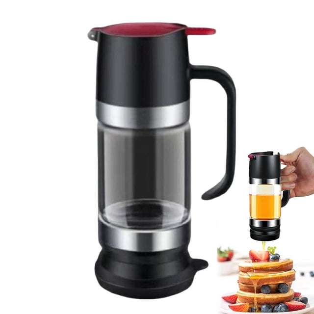 Effortless No-Drip Honey Dispenser, Clear Glass Syrup Jar Container with Stand, One-Hand Press-Type Maple & Liquid Condiment Server, Mess-Free Breakfast Accessory