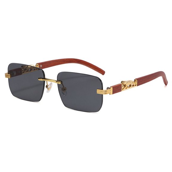 Wood Pattern Leopard Head Sunglasses Women's Fashion Design Frameless Men's Sunglasses Trendy Sunglasses-Gold Black Grey