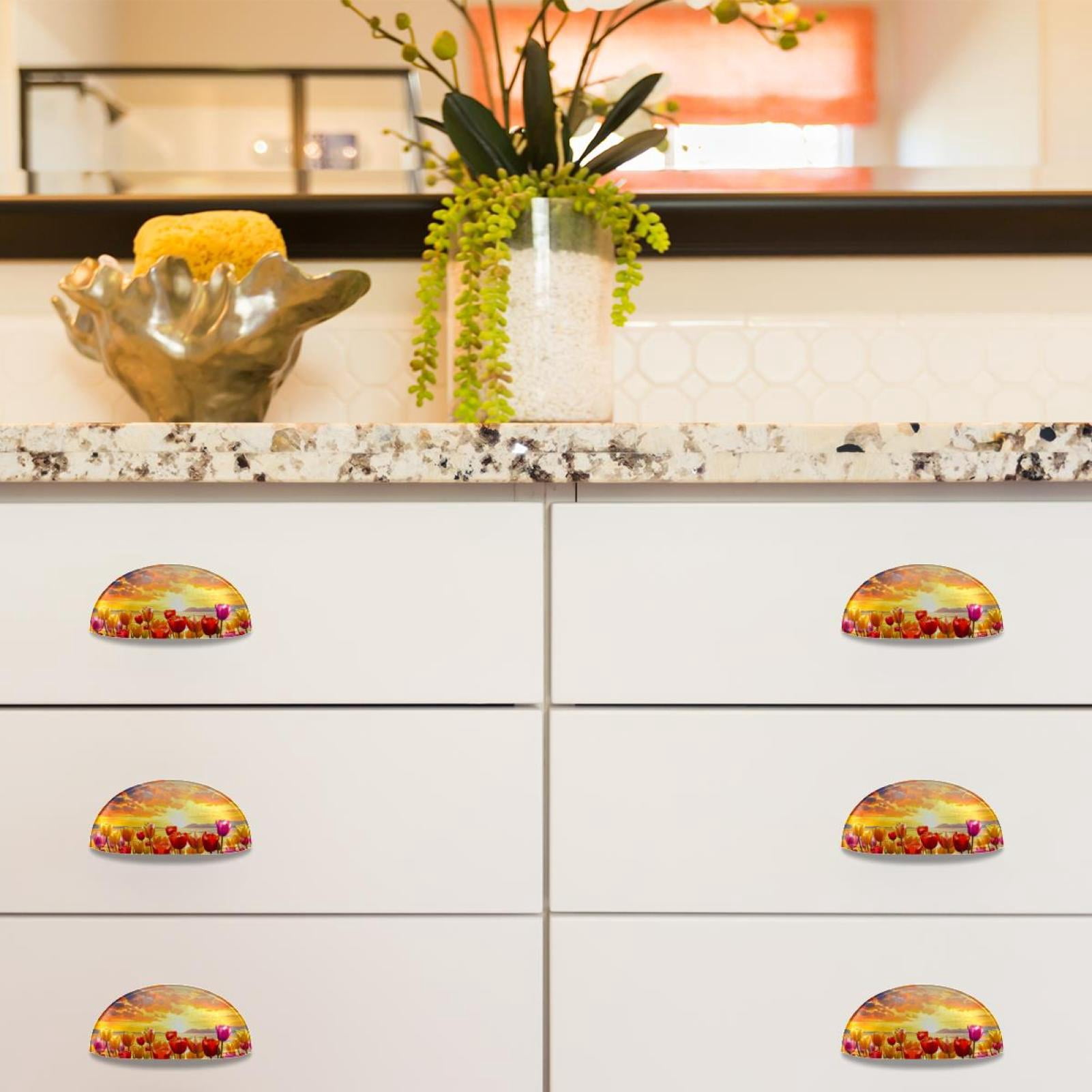 PhooArto 6 Pcs Cup Drawer Pulls, Sunset Tulip Floral Landscape Shell Shape Handles Cabinet Knobs for Dresser Cupboard Closet Wardrobe with Screws