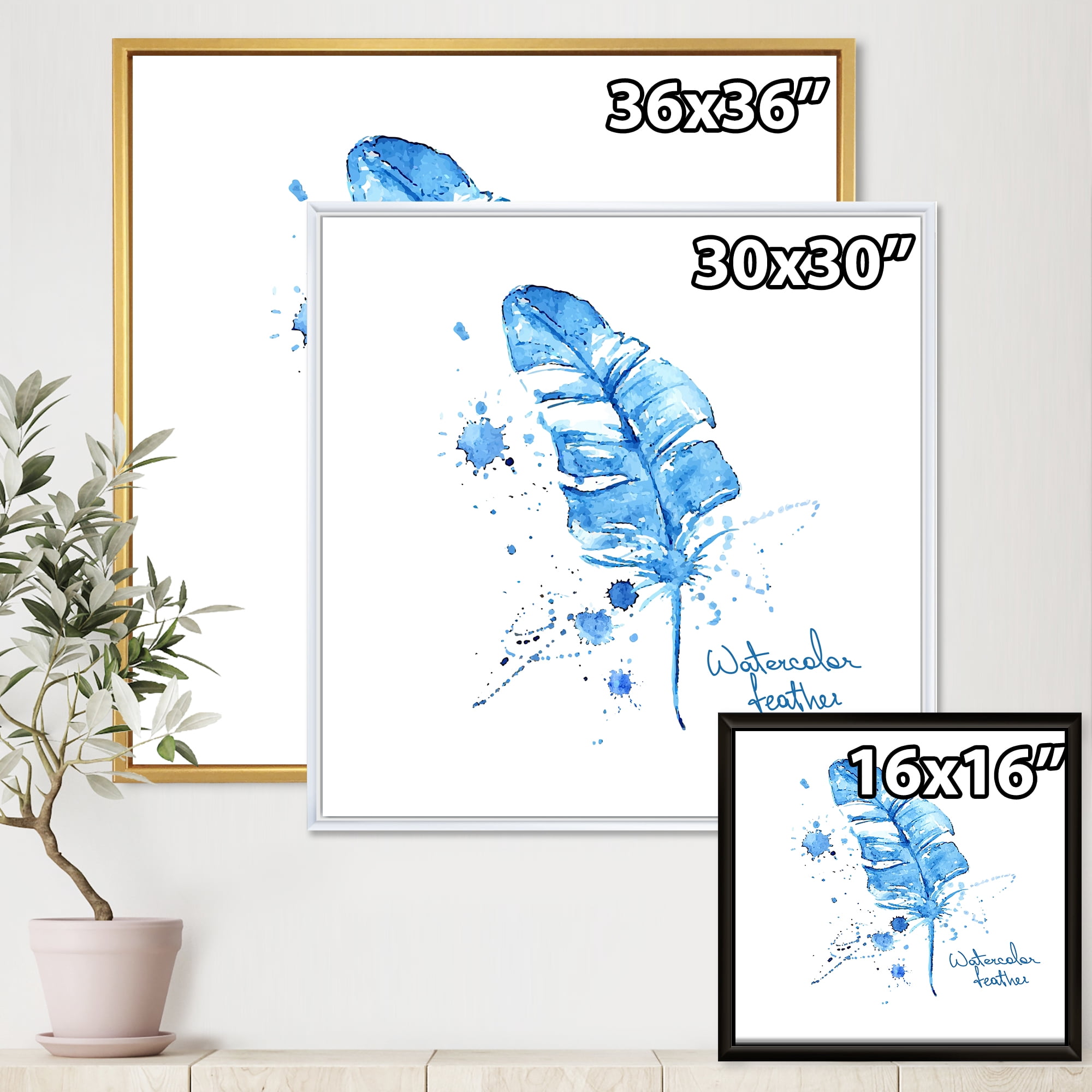 Ethnic Blue Feather On White 16 in x 16 in Framed Painting Canvas Art Print, by Designart