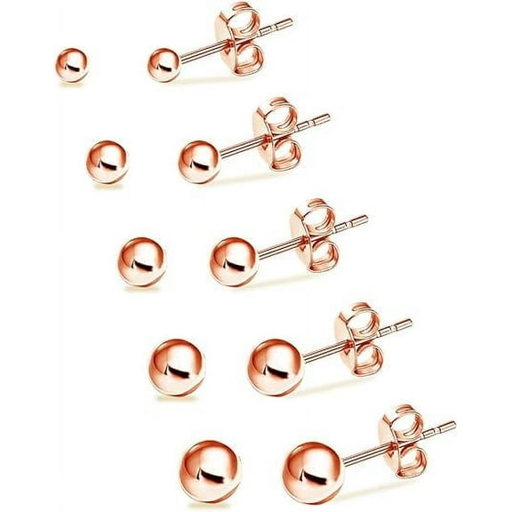 Nmkwnr 5 Pairs 316L Steel Stud Earrings Lightweight 3-7mm Ball Stud Earrings Set for Women Men, Rose Gold