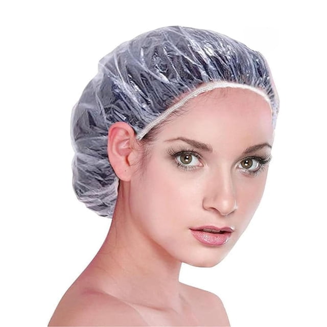 Gorro de Ducha Desechables Plástico Mujer 100 Piezas, Gorros de Baño Plástico Gruesos Para peluqueria Uso En El Hogar Hotel (Blanco)