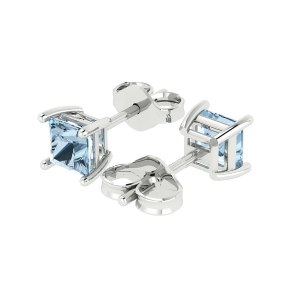 1.5 Ct Princess Cut Studs Natural Swiss Blue Topaz 14K White Solid Solid Gold Everyday Dainty Earrings Push Back