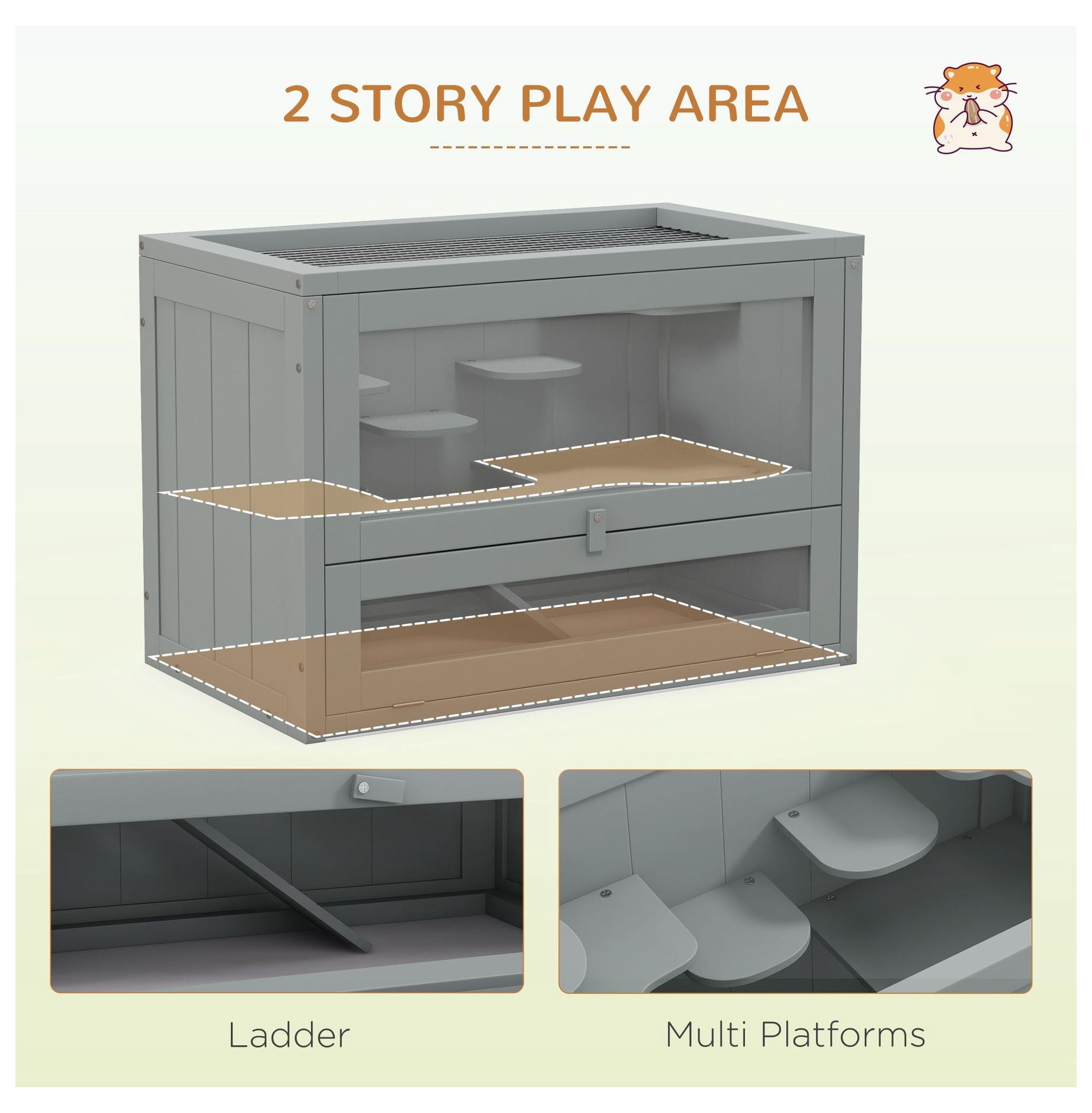 Hamster Cage 2-Level, Wood Small Animal , Open Top & Door, Gray