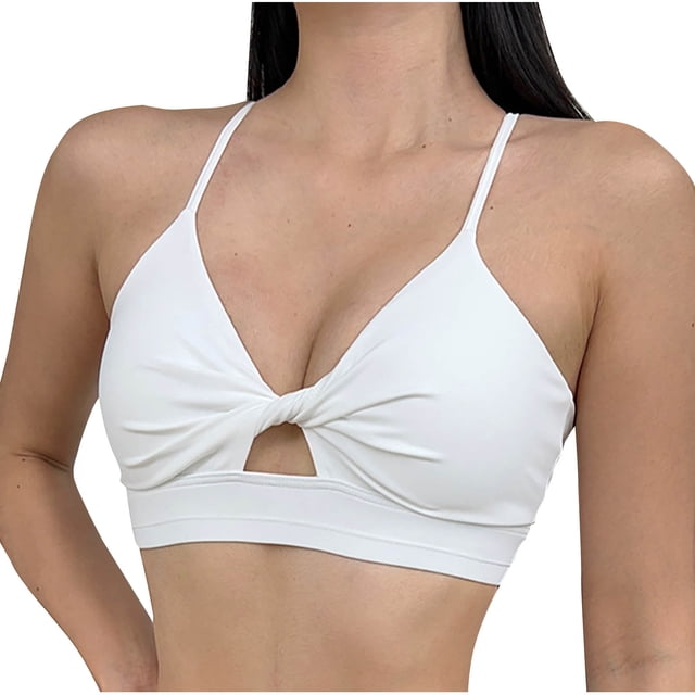 Xfvqtps Ruching Workout Bra for Women Low Support V Neck Padded Spaghetti Strap Ring Yoga Backless Sports Bra White