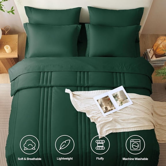Queen Size Comforter Sets - 7 Piece Bed in a Bag Emerald Green All Seasons Down Alternative