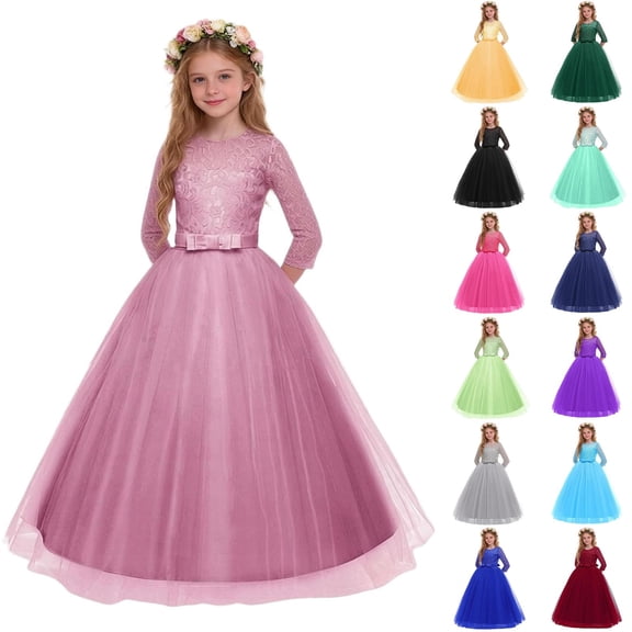 Miluxas Girls Long Lace Bridesmaid Dress 3/4 Sleeves Floor Length Wedding Party Evening formal Maxi Tulle Ball Gowns Yellow 12-13 Years