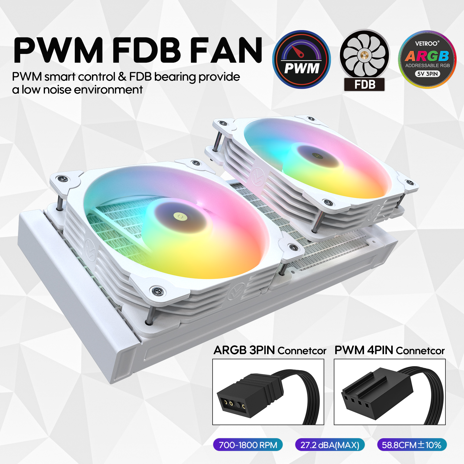 Vetroo R240 White 240mm Radiator Liquid CPU Cooler with Customized Pure Copper Base Pump Head Addressable RGB & FDB Fans & PWM Smart Control, Durable Braided Tube - AMD & Intel Socket - White