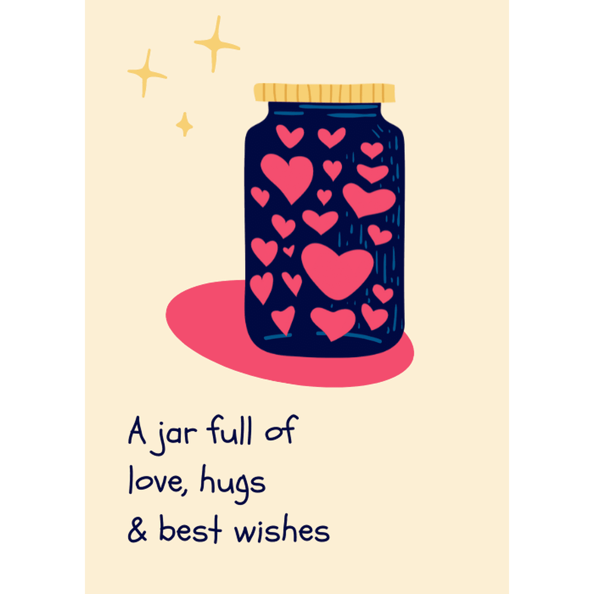 Jar-themed greeting card with hearts, expressing love, hugs, and best wishes for friends, partners, and special occasions like Valentine's Day or anniversaries.