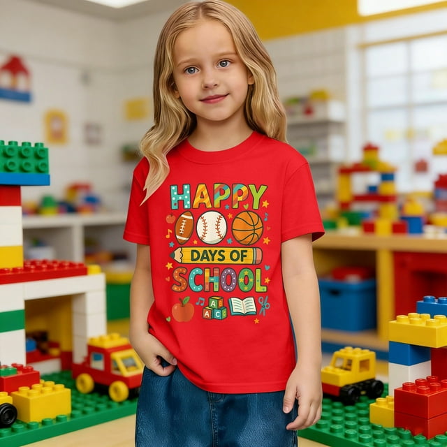 Las niñas camiseta de manga corta - de vuelta a la escuela Casual de alta calidad camiseta de algodón suave, tamaños de 2-13 años, 14 colores, lindo diseño de 100 días de impresión gráfica