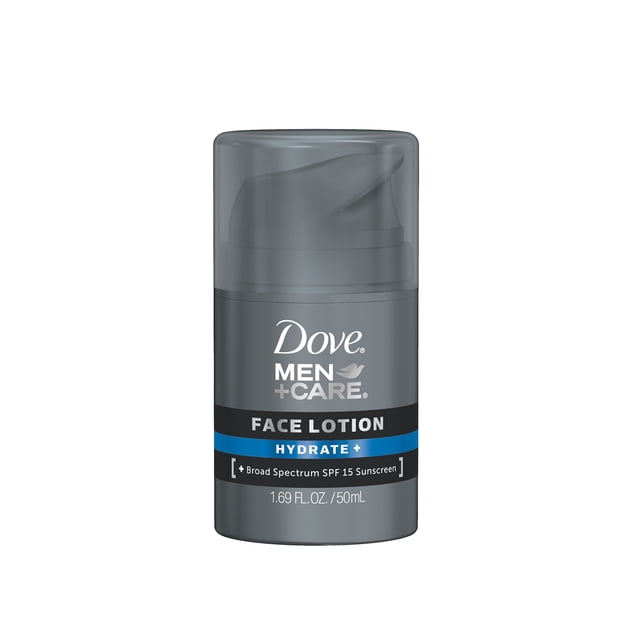 loción facial dove men+care hydrate plus 50 ml fps 15 Envase cilíndrico gris oscuro con dispensador pump, logo Dove Men+Care en blanco, banda azul 'Hydrate+' y leyenda 'Face Lotion', indica protección SPF 15 y volumen 50 ml; ideal para uso diario en piel seca y adecuada también para llevar en viajes cortos.