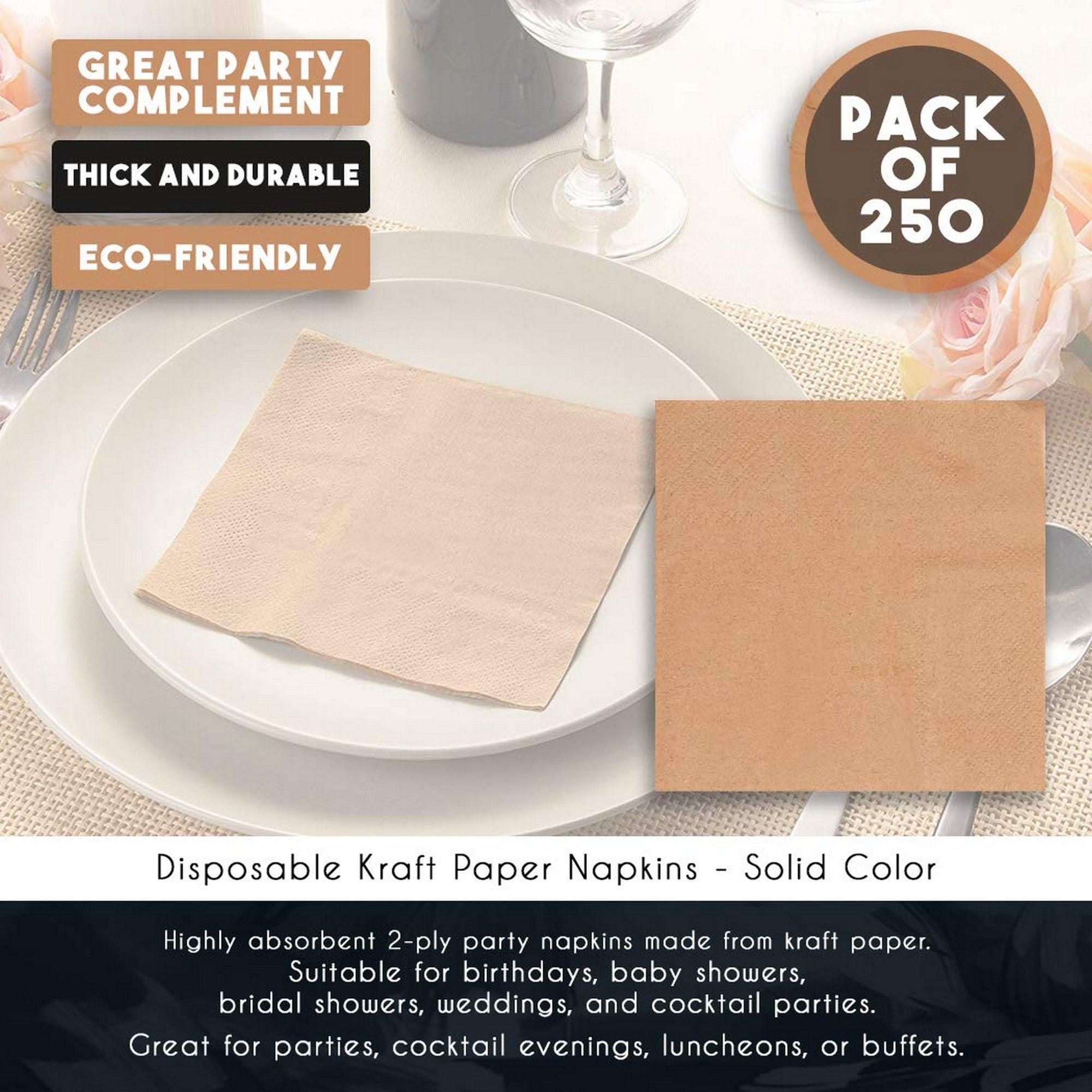Kraft Cocktail Napkins - 250-Pack Natural Brown 5 x 5 inches Disposable ...